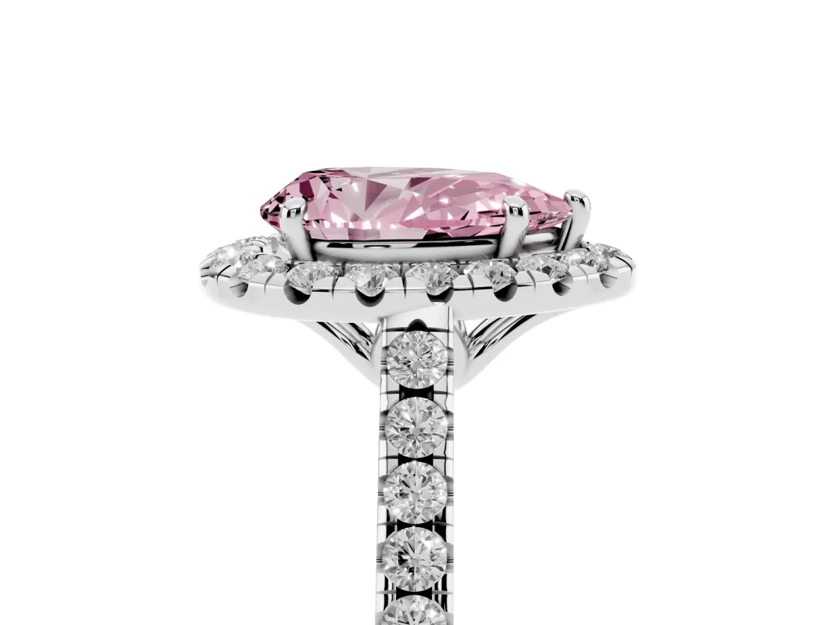 Fancy Pink Pear Cut Halo Pavé Diamond Engagement Ring with Four-Prong Setting Platinum
