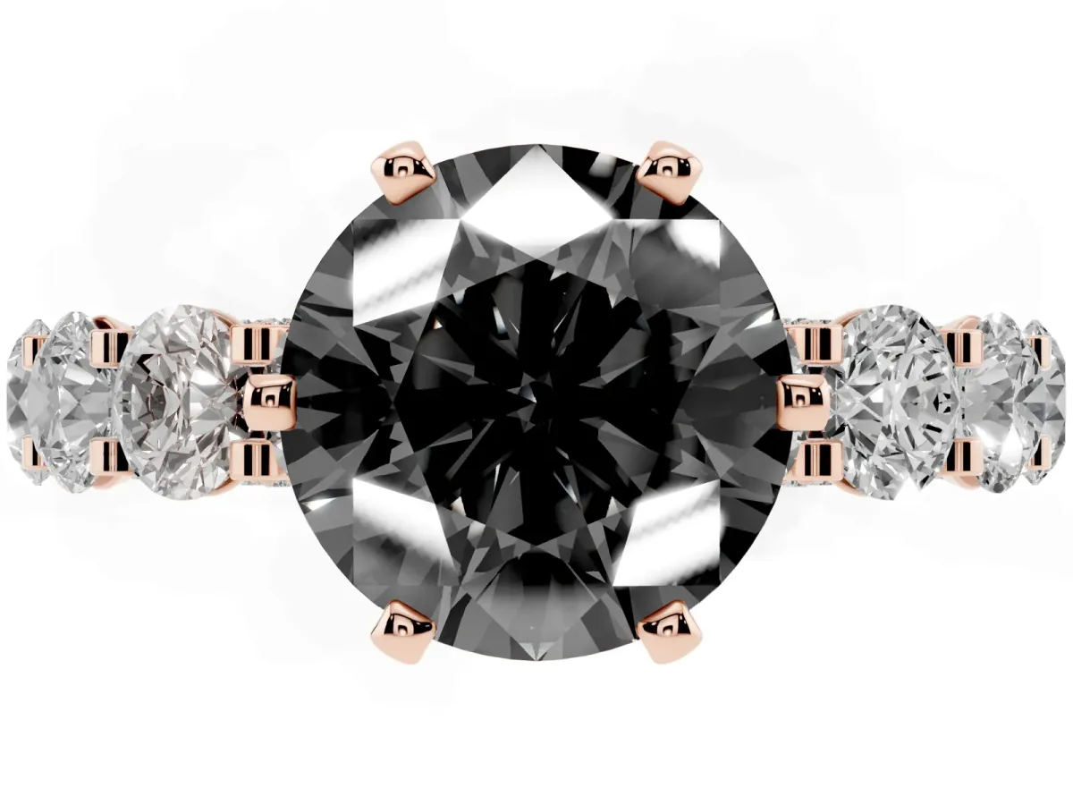 Fancy Black Round Cut Diamond Side Stone Engagement Ring with Four-Prong Setting Rose gold