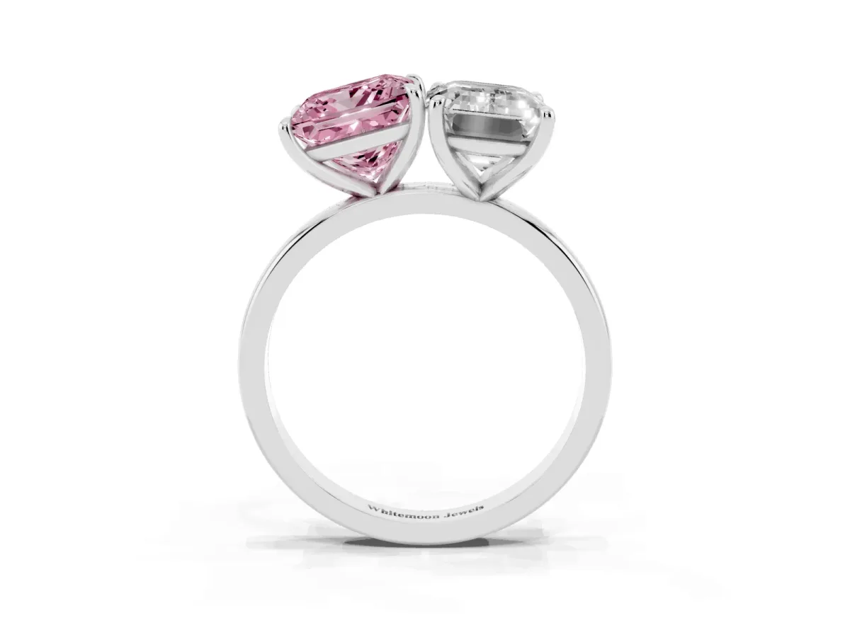 Fancy Pink Princess Cut and Emerald Cut Toi Moi Ring with Prong Setting Silver