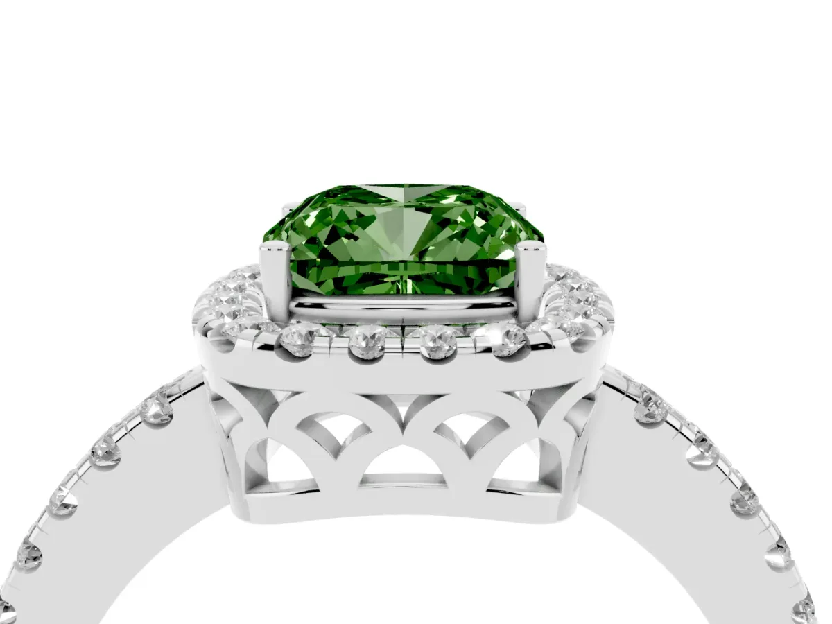 Fancy Green Cushion Cut Halo Diamond Engagement Ring with Pavé Band and Four-Prong Setting Platinum