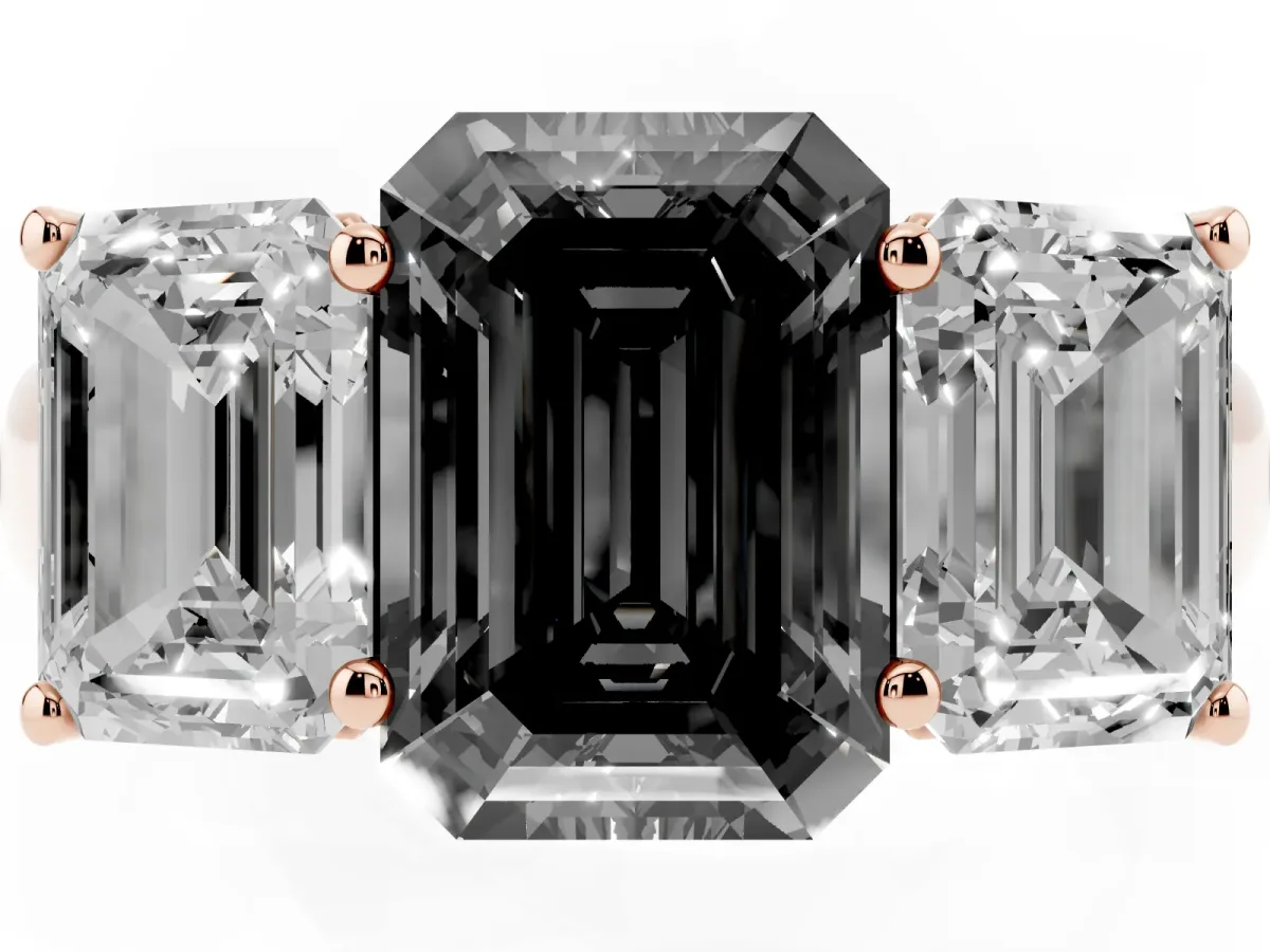 Fancy Black Emerald Cut Three-Stone Diamond Ring with Prong Setting on a Classic Band Rose gold