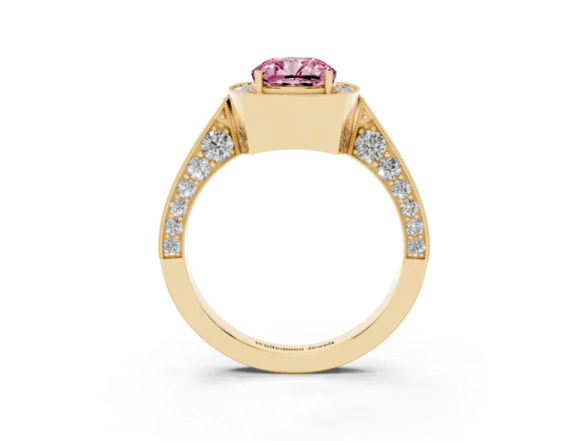 Fancy Pink Cushion Cut Halo Diamond Engagement Ring with Split Shank Band and Four-Prong Setting Yellow gold