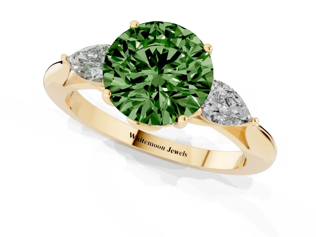 Fancy Green Round Cut Diamond Three-Stone Ring with Pear Side Stones and Prong Setting Yellow gold