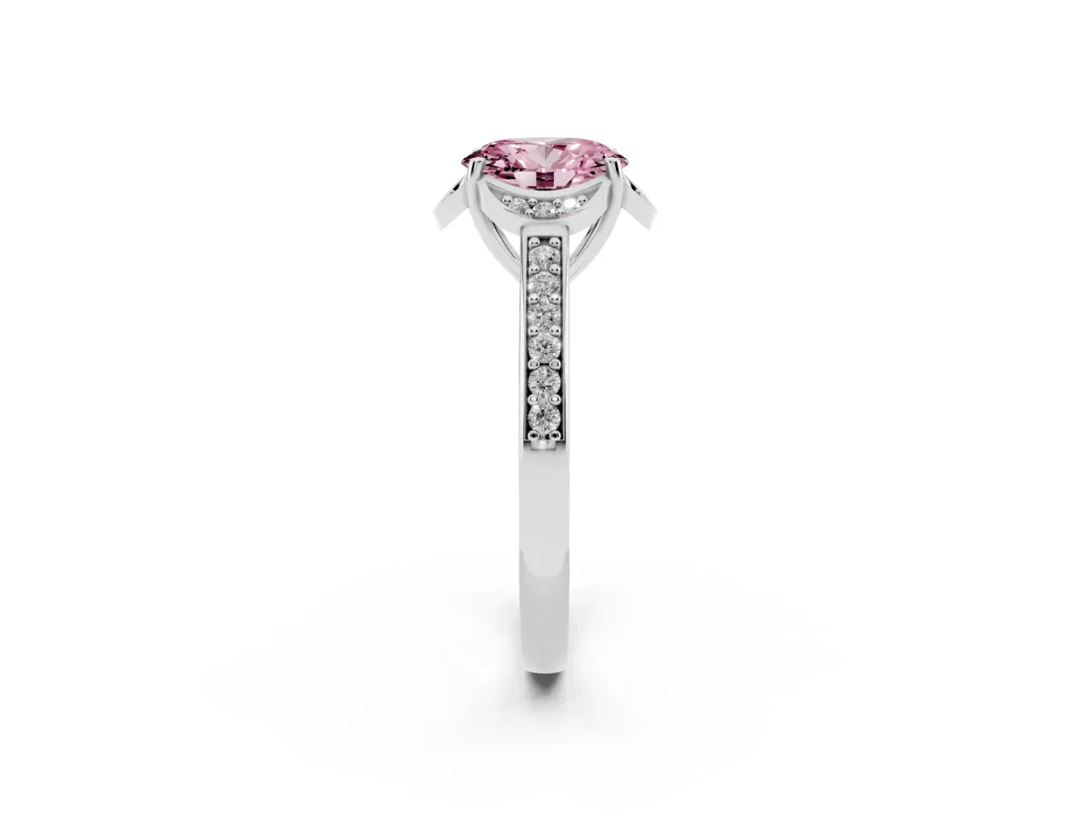 Fancy Pink Oval Cut Cut Halo Diamond Ring with Channel Set Band and Four-Prong Setting Silver