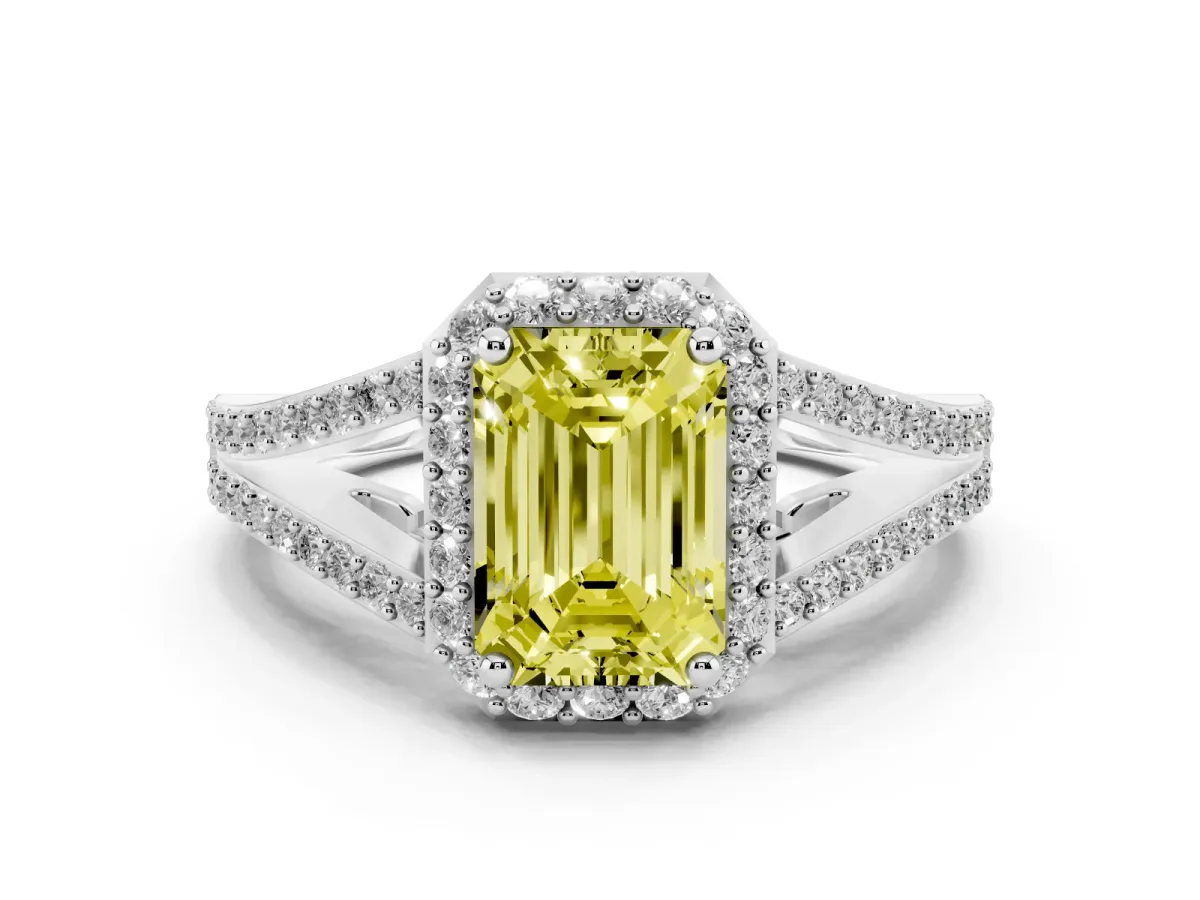 Fancy Yellow Emerald Cut Halo Split Shank Diamond Ring with Prong Setting Platinum