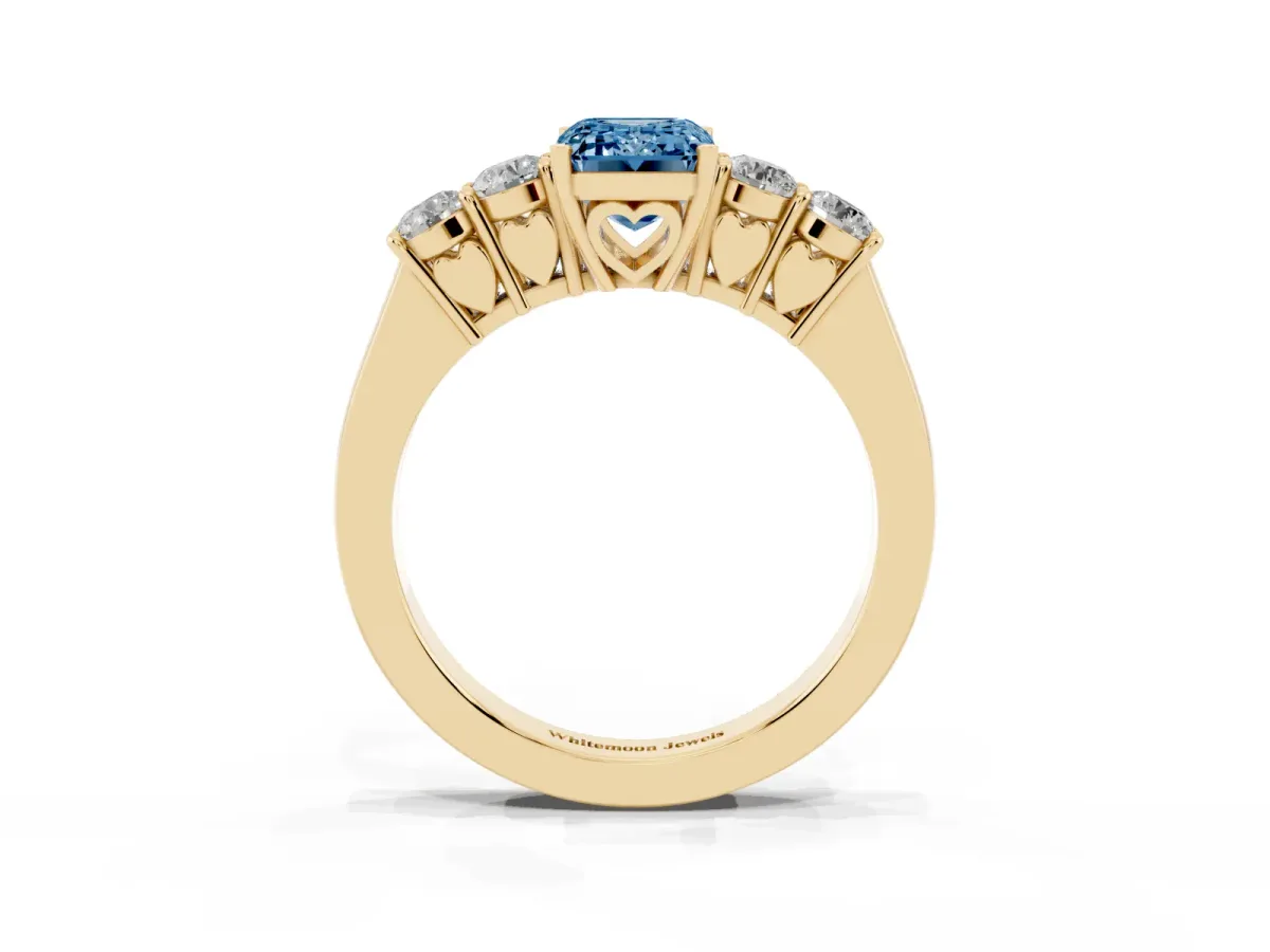 Fancy Blue Emerald Cut Cut Diamond Five-Stone Prong Set White Gold Ring Yellow gold