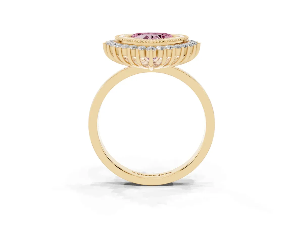 Fancy Pink Heart Cut Halo Diamond Ring with Milgrain Edge and Round Prong Setting Yellow gold