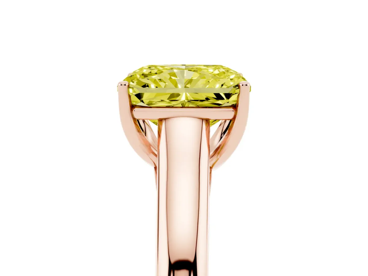 Fancy Yellow Radiant Cut Solitaire Engagement Ring with Tapered Band and Four-Prong Setting Rose gold