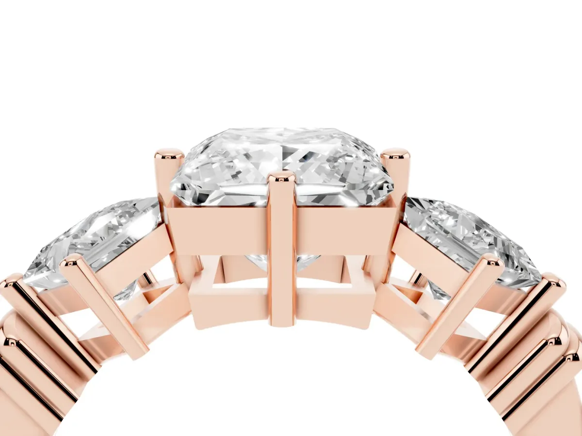 Three-Stone Princess Cut and Princess Cut Diamond Ring with Channel Band and Four-Prong Setting Rose gold