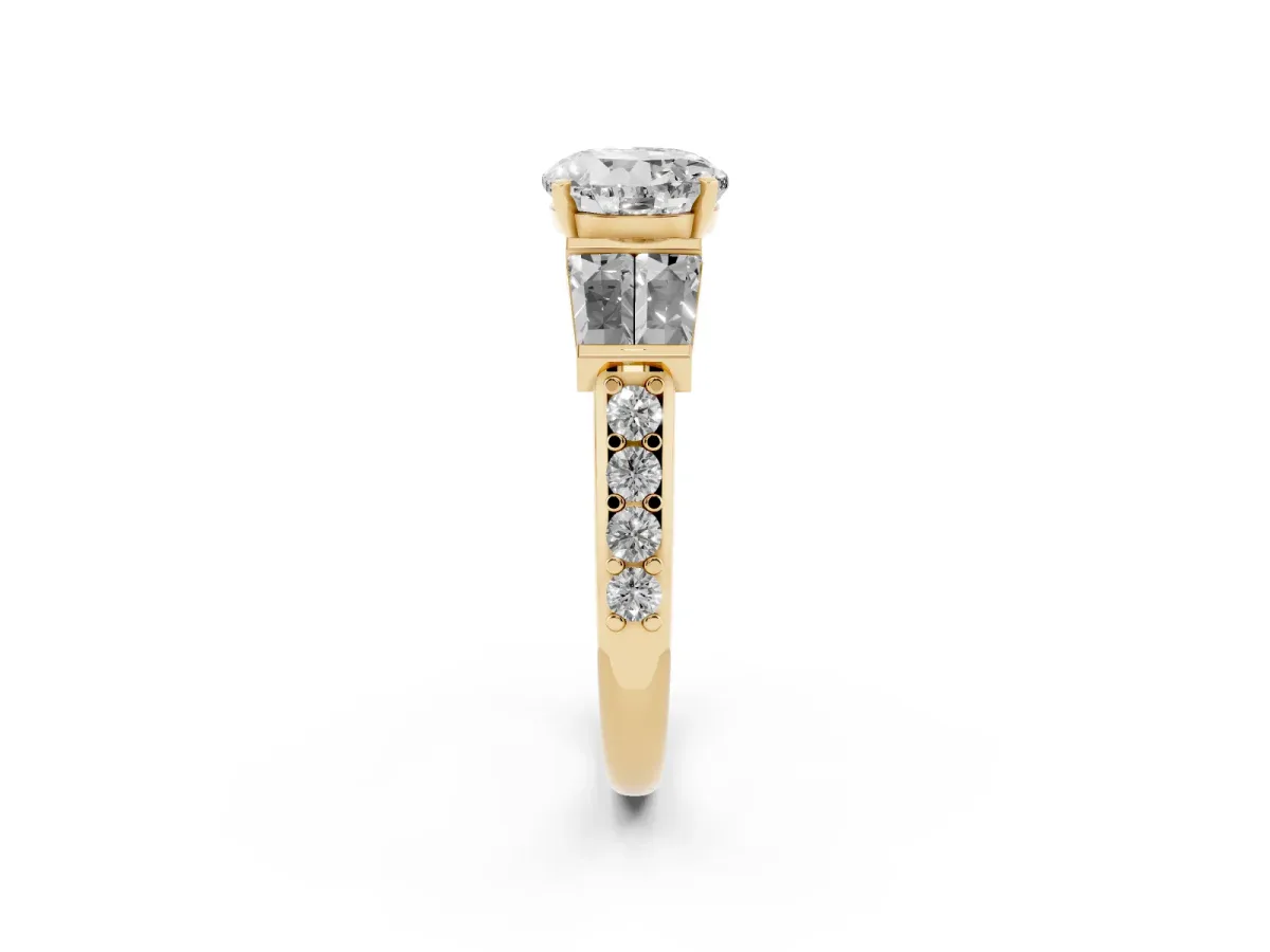 Round Cut Diamond Engagement Ring with Baguette Side Stones and Channel Set Band Yellow gold