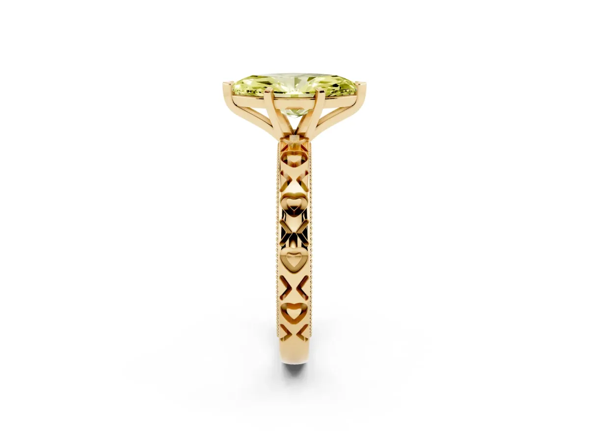 Fancy Yellow Marquise Cut Solitaire Diamond Engagement Ring with XO Engraved Band and Four-Prong Setting Yellow gold