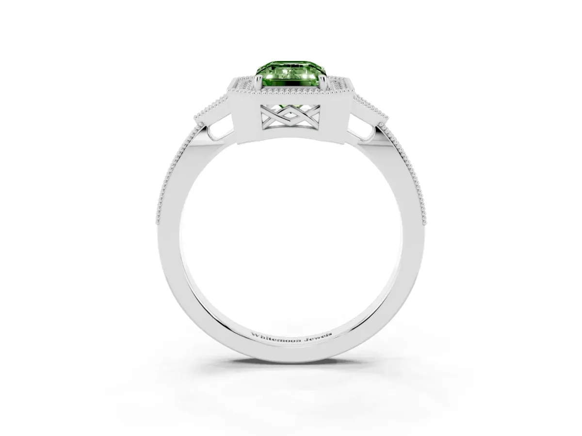 Fancy Green Emerald Cut Halo Round Diamond Milgrain Pave Engagement Ring Platinum