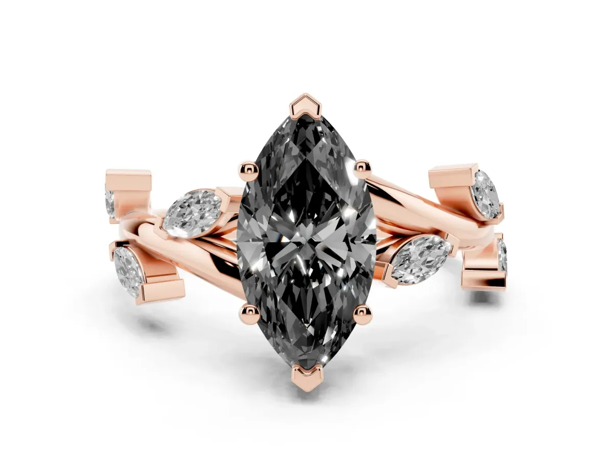 Fancy Black Marquise Cut Solitaire Twisted Band Marquise Accent Prong Setting Ring Rose gold