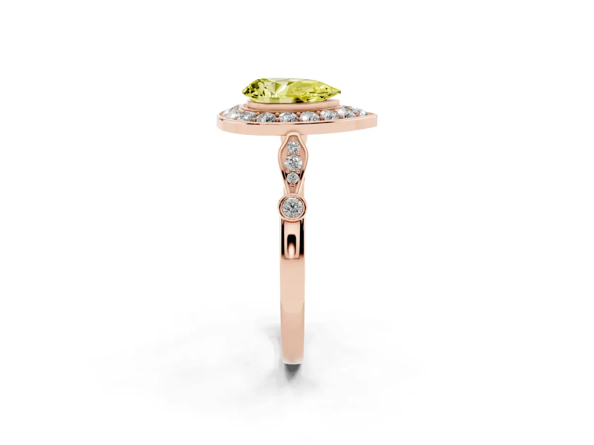 Fancy Yellow Pear Cut Halo Diamond Engagement Ring with Twisted Band and Four-Prong Setting Rose gold