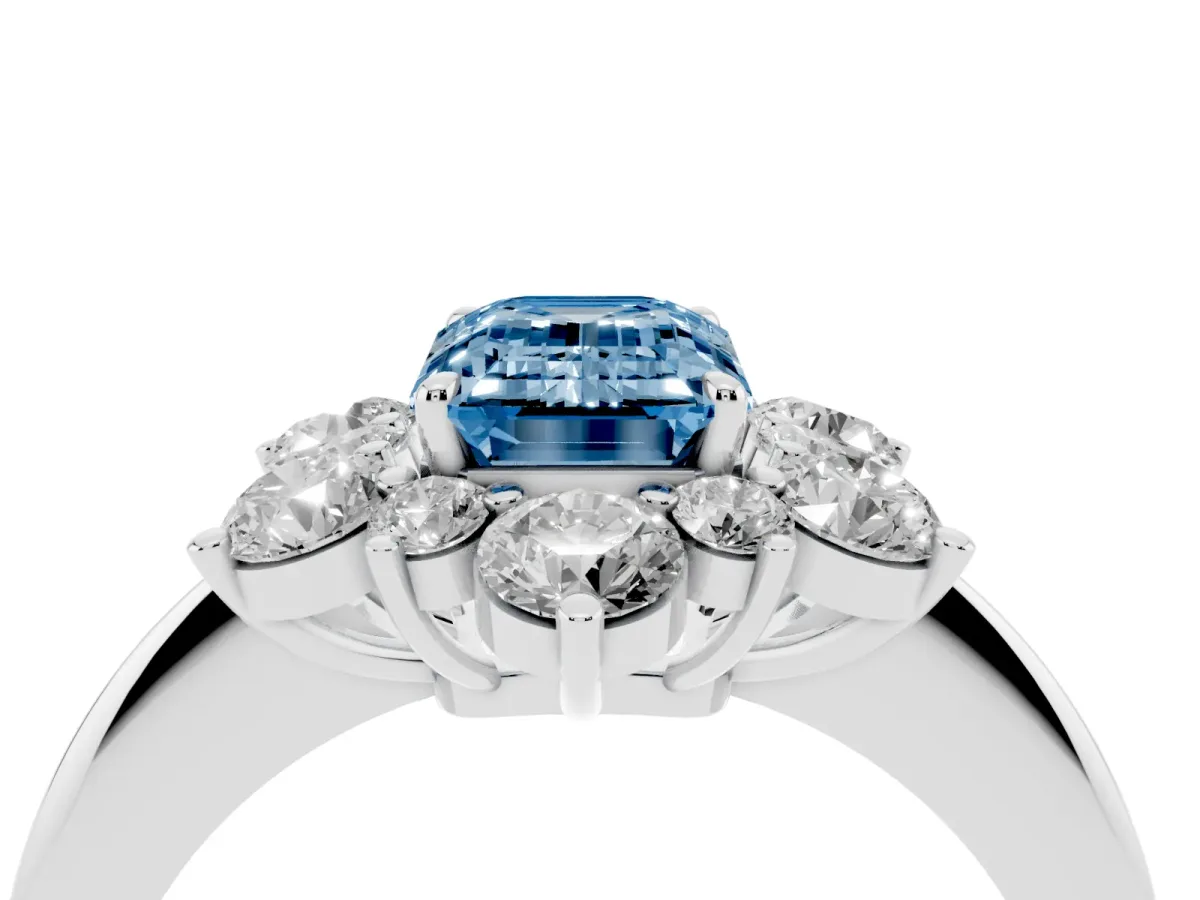 Fancy Blue Emerald Cut Diamond Cluster Halo Ring with Solitaire Band and Four-Prong Setting Silver