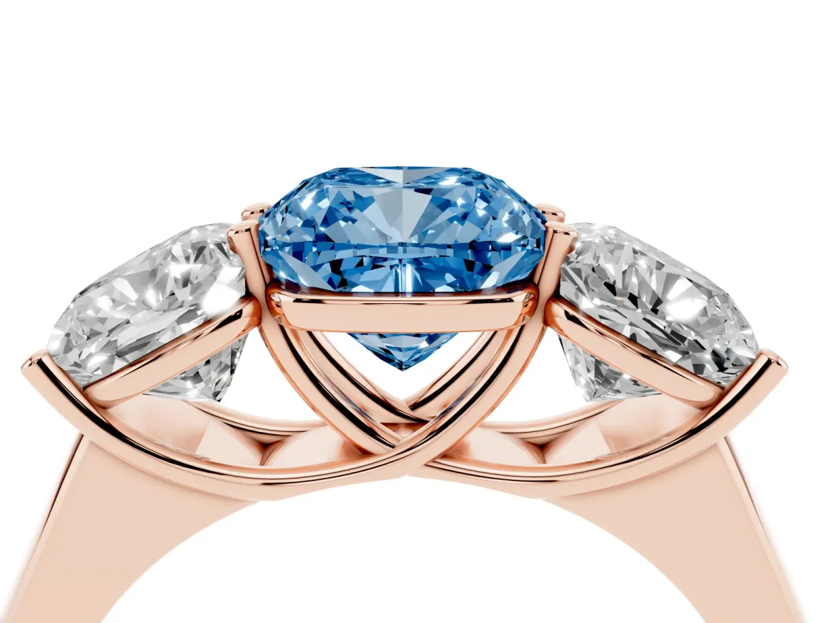 Fancy Blue Cushion Cut Three-Stone Diamond Ring with Prong Setting on a Classic Band Rose gold