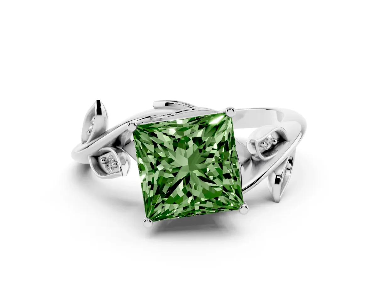 Fancy Green Princess Cut Solitaire Twist Engagement Ring with Leaf Accents and Prong Setting Silver
