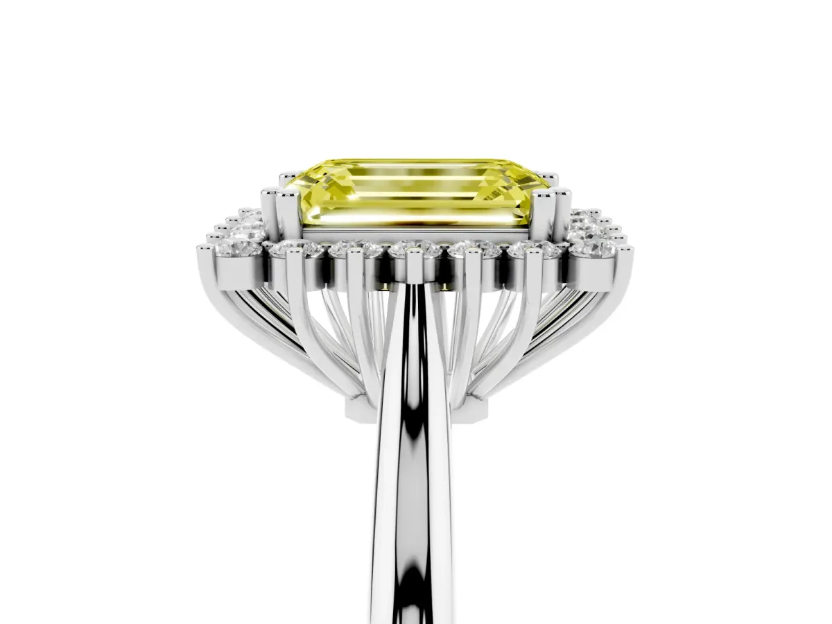 Fancy Yellow Emerald Cut Cut Diamond Halo Ring with Solitaire Band and Prong Setting Platinum