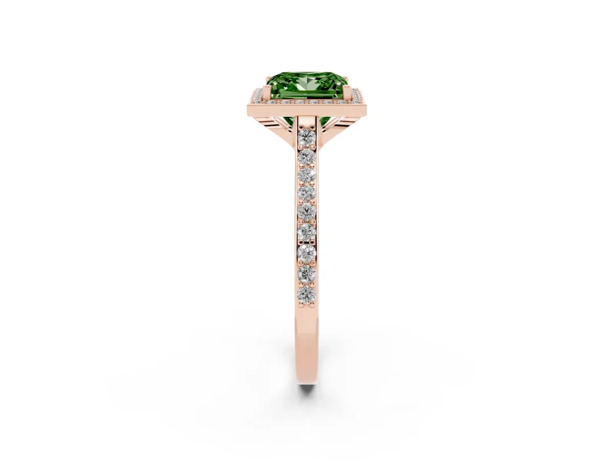 Fancy Green Princess Cut Diamond Halo Engagement Ring with Round Pavé Shoulders and Prong Setting Rose gold