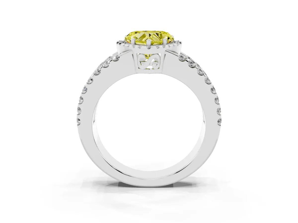 Fancy Yellow Heart Cut Cut Halo Split Shank Diamond Ring with Four-Prong Setting Silver