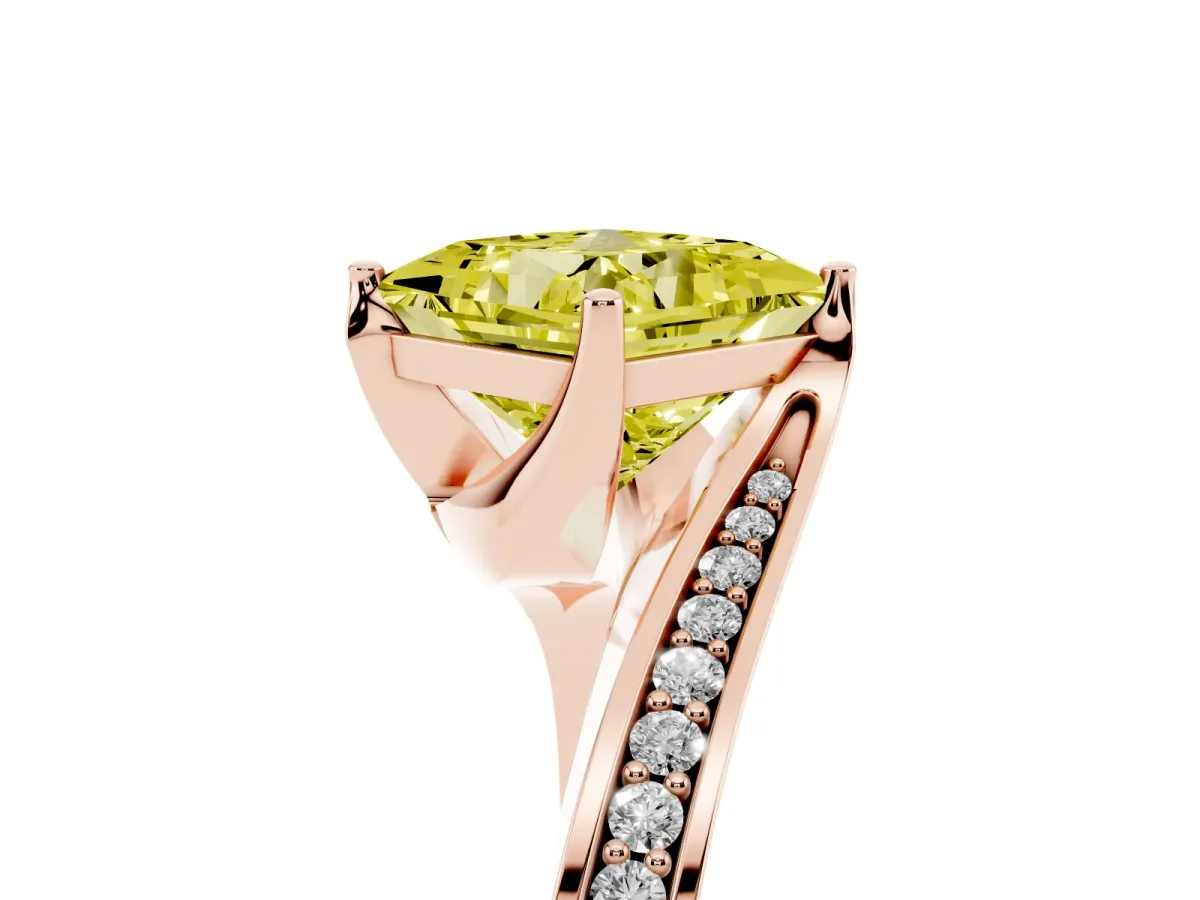 Fancy Yellow Princess Cut Solitaire Diamond Twist Band with Pavé Setting and Four-Prong Setting Rose gold