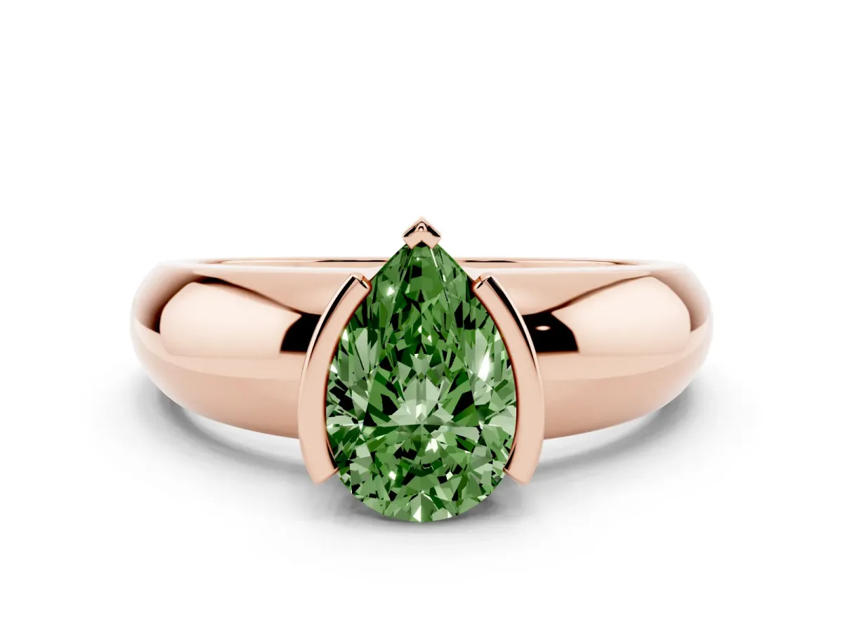 Fancy Green Pear Cut Solitaire Tension Set Diamond Ring with Wide Band Rose gold