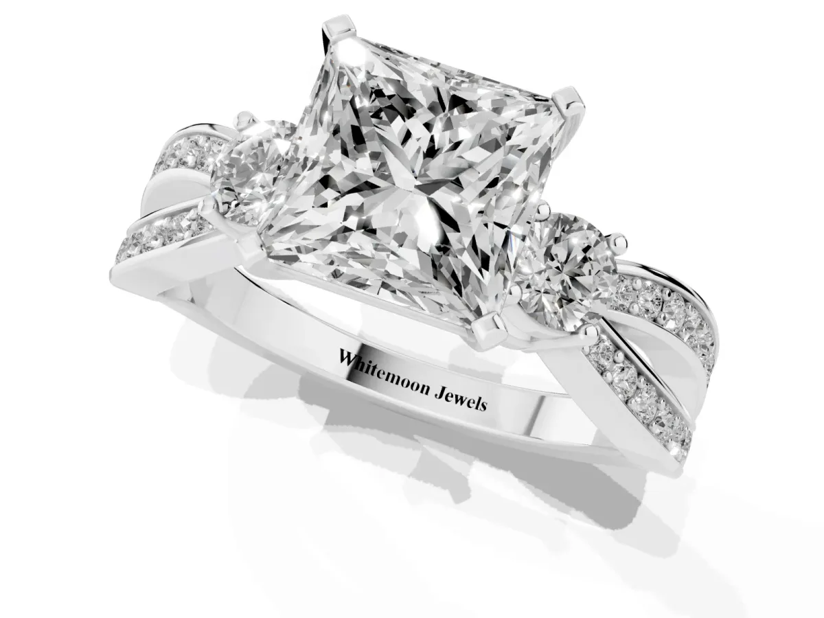 Three-Stone Princess Cut Cut Diamond Twist Band with Prong Setting Silver