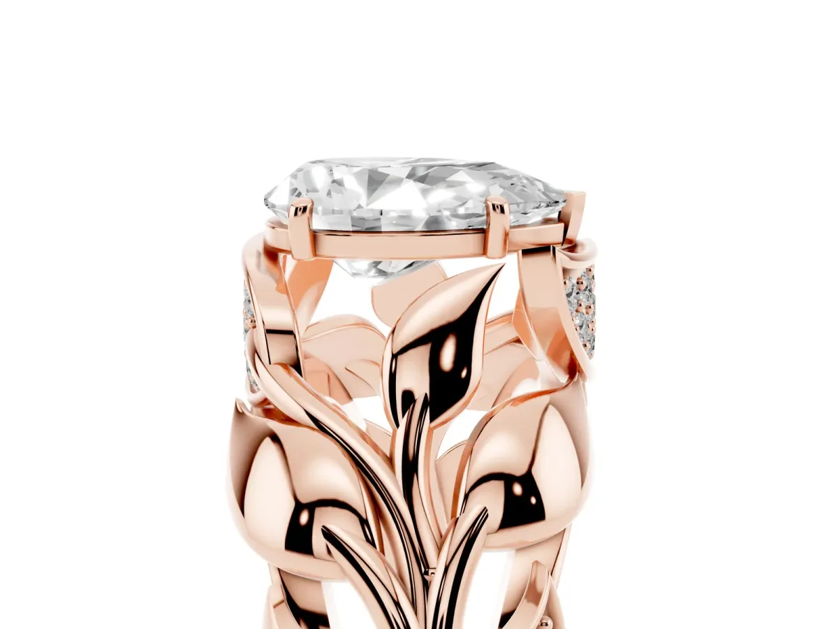 Pear Cut Diamond Leaf-Inspired Engagement Ring with Round Accents and Prong Setting Rose gold