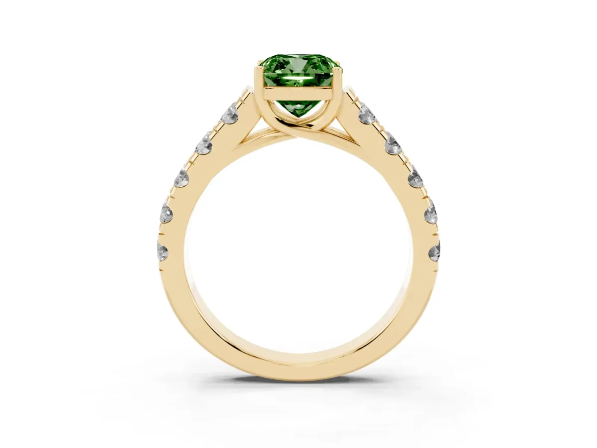 Fancy Green Cushion Cut Cut Diamond Solitaire Ring with Micro Pave Band and Prong Setting Yellow gold