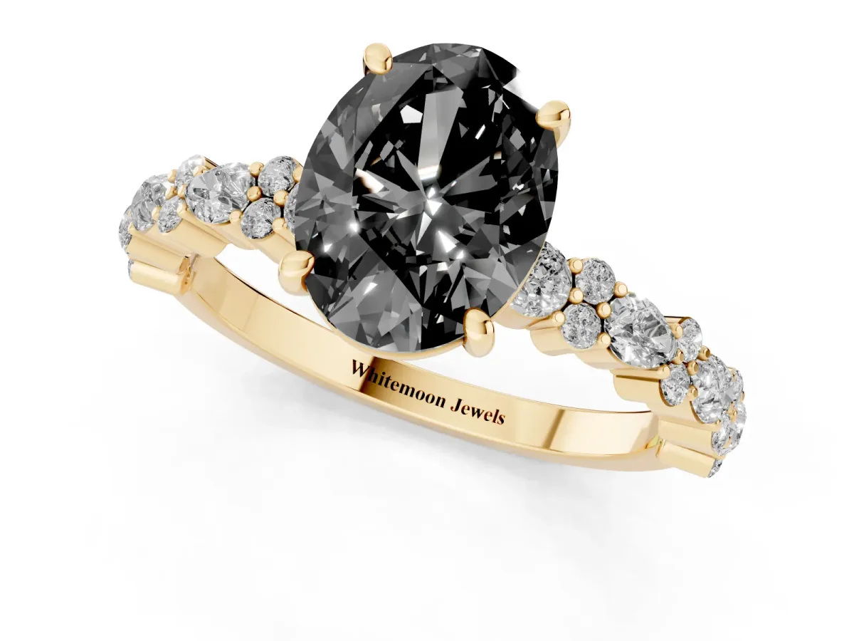 Fancy Black Oval Cut Diamond Side Stone Solitaire Ring with Round and Four-Prong Setting Yellow gold