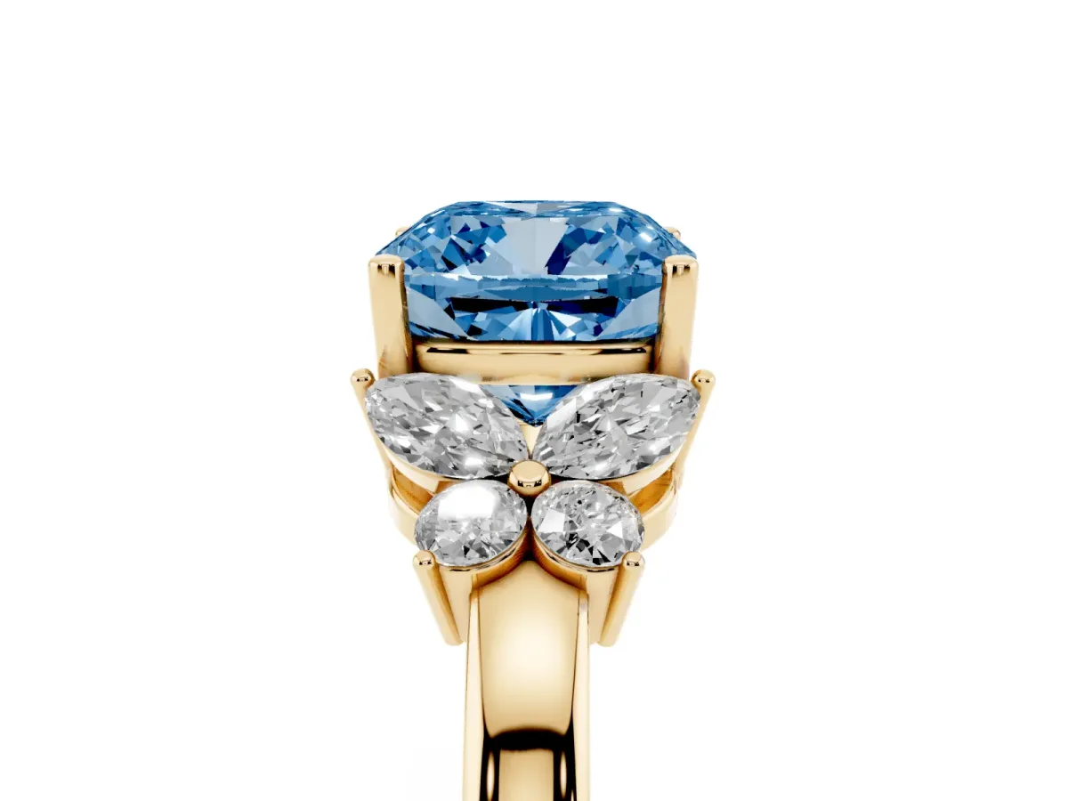 Fancy Blue Cushion Cut Cut Solitaire Floral Diamond Ring with Four-Prong Setting Yellow gold