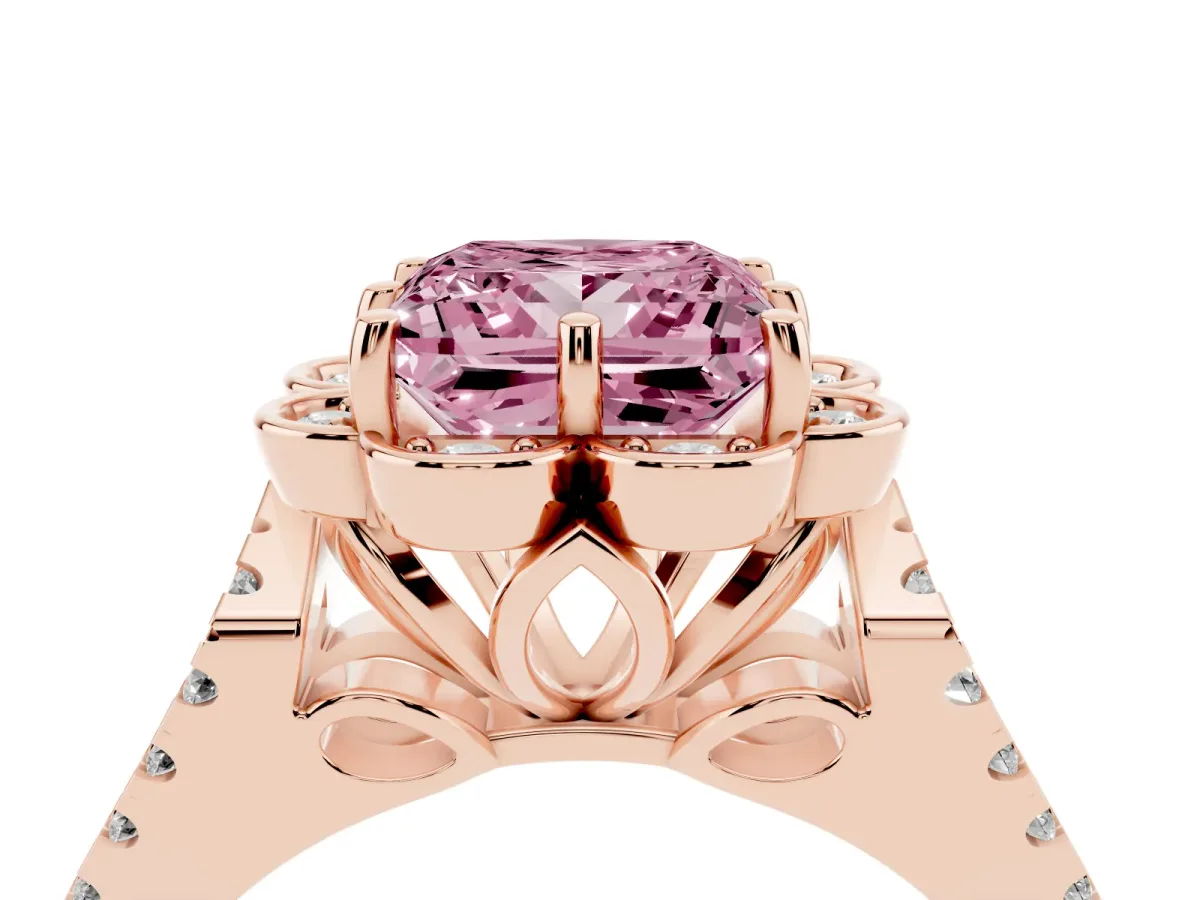 Fancy Pink Princess Cut Halo Diamond Floral Split Shank Engagement Ring Rose gold