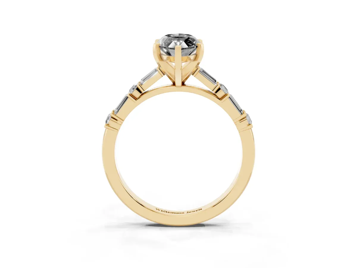 Fancy Black Marquise Cut Diamond Solitaire with Side Baguettes and Channel Set Band Yellow gold