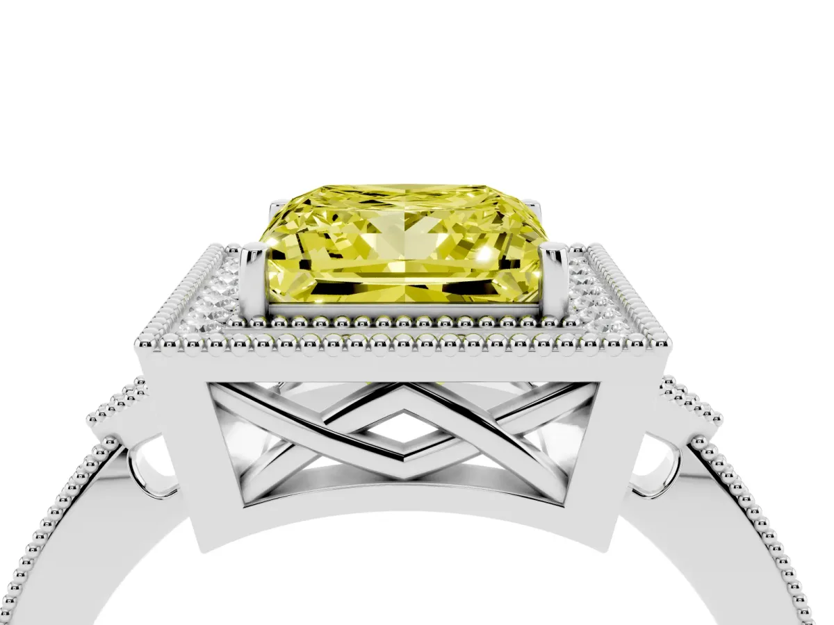 Fancy Yellow Princess Cut Halo Round Diamond Milgrain Pave Engagement Ring Platinum
