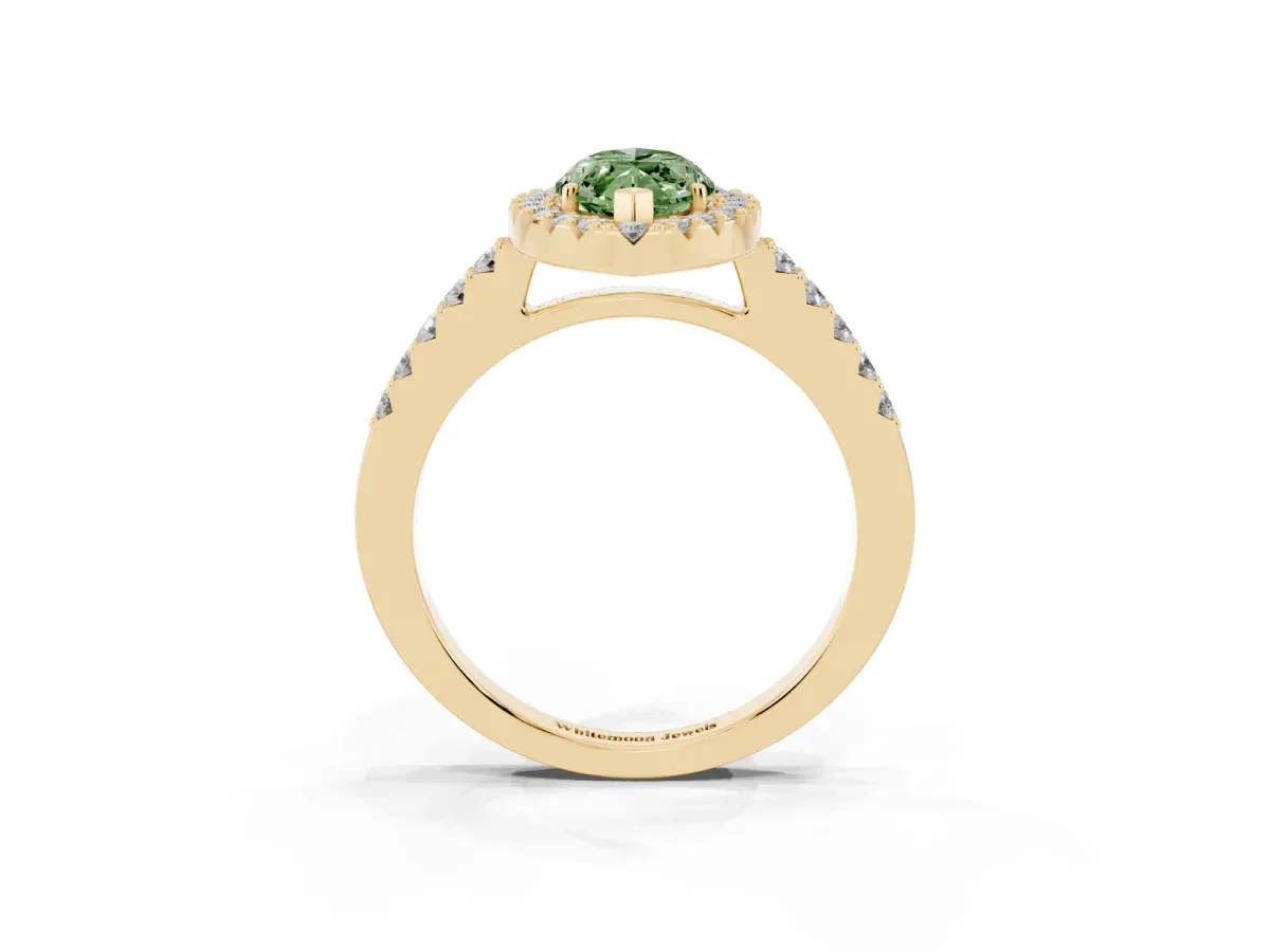 Fancy Green Marquise Cut Halo Diamond Pavé Solitaire Ring Yellow gold