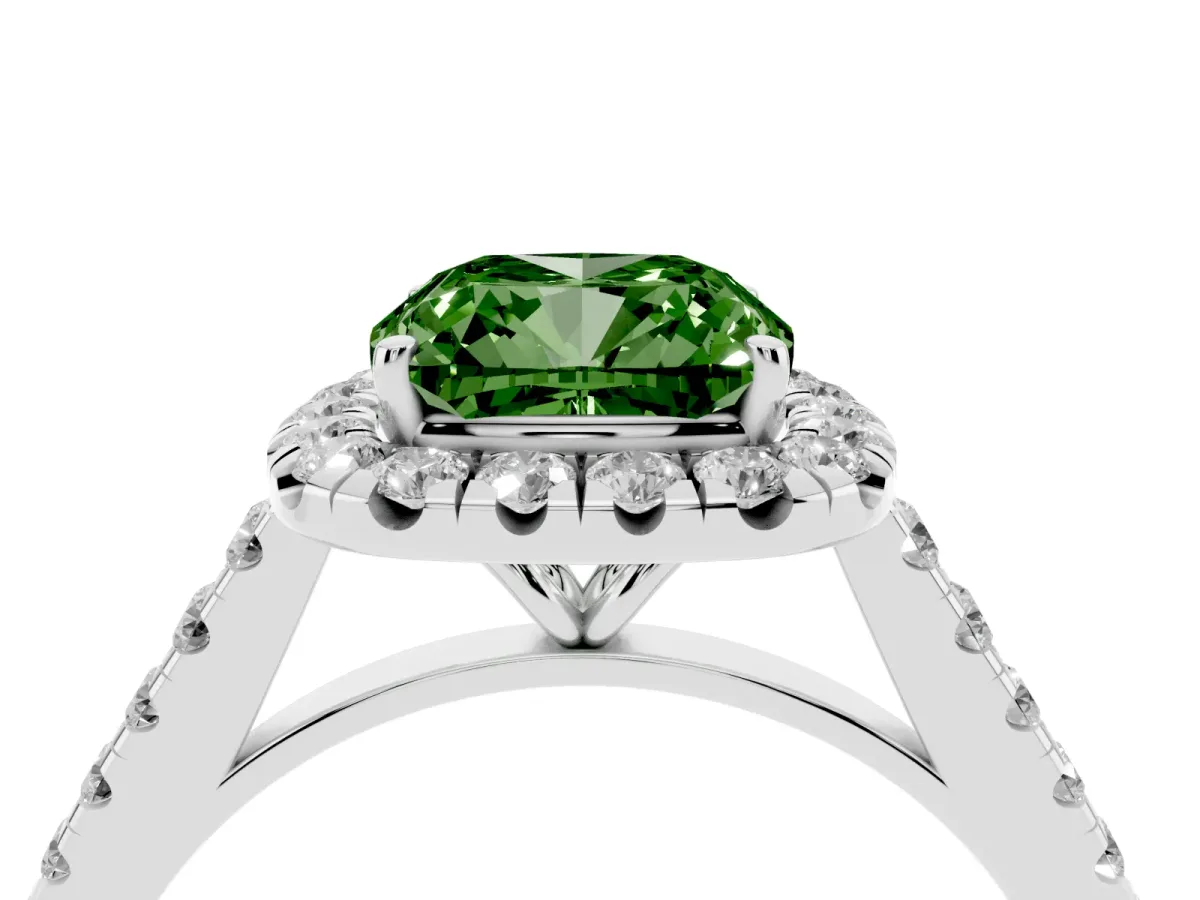 Fancy Green Cushion Cut Halo Pave Diamond Engagement Ring with Four-Prong Setting Platinum