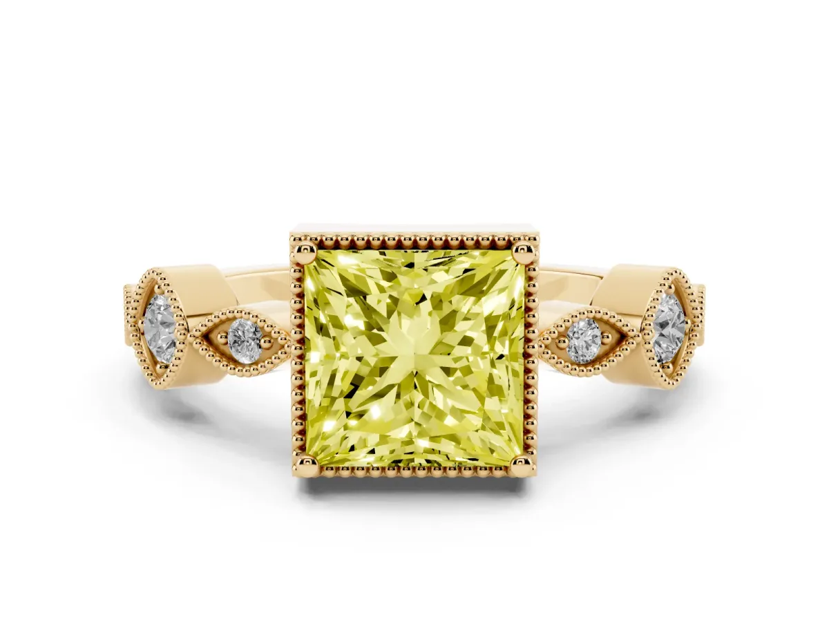 Fancy Yellow Princess Cut Diamond Vintage Milgrain Ring with Round Stations Yellow gold