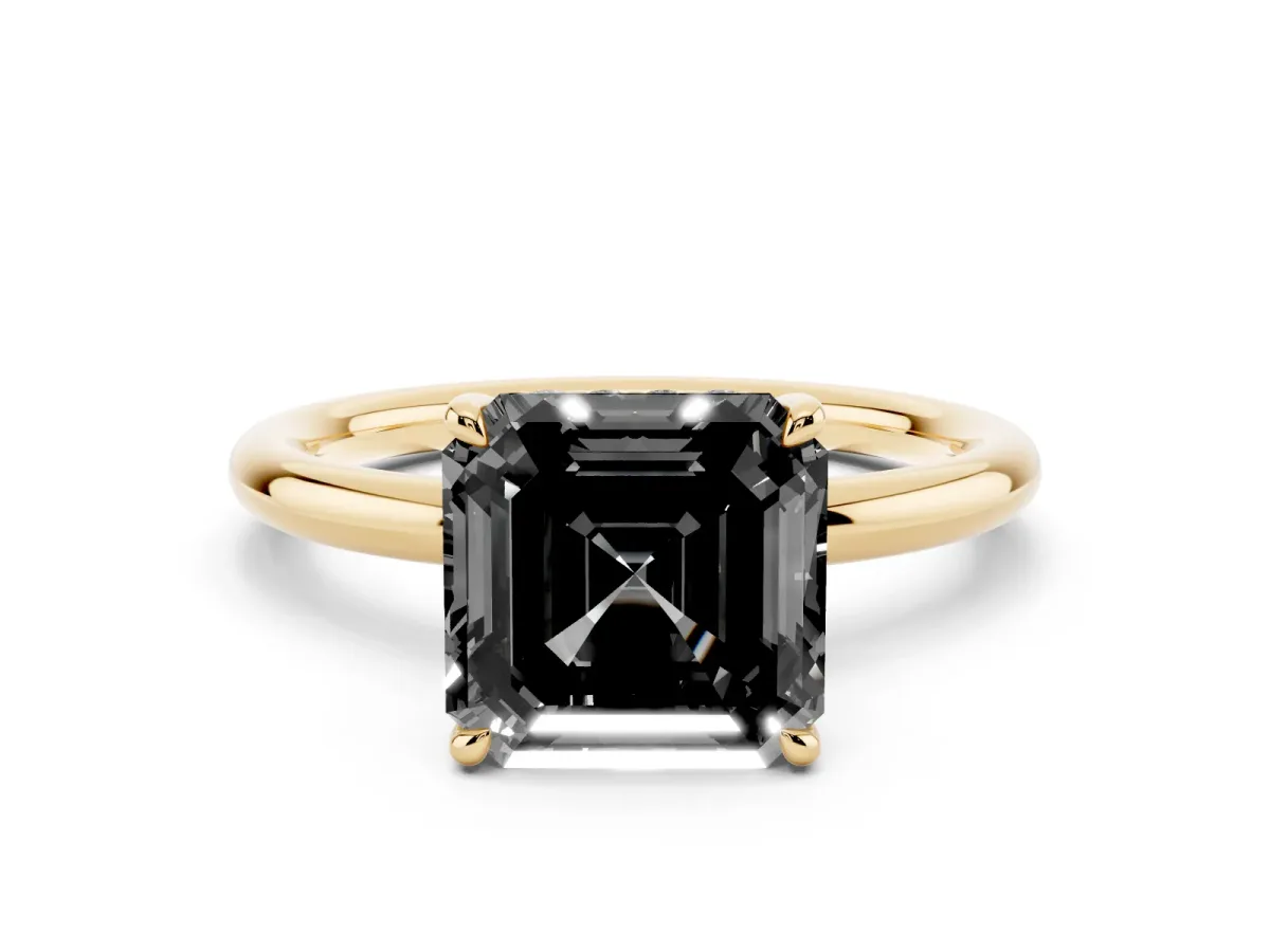 Fancy Black Asscher Cut Diamond Solitaire Ring with Thin Band and Four-Prong Setting Yellow gold