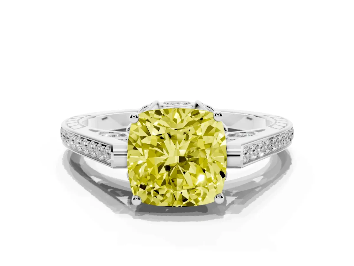 Fancy Yellow Cushion Cut Cut Cathedral Pave Diamond Engagement Ring with Six-Prong Setting Silver
