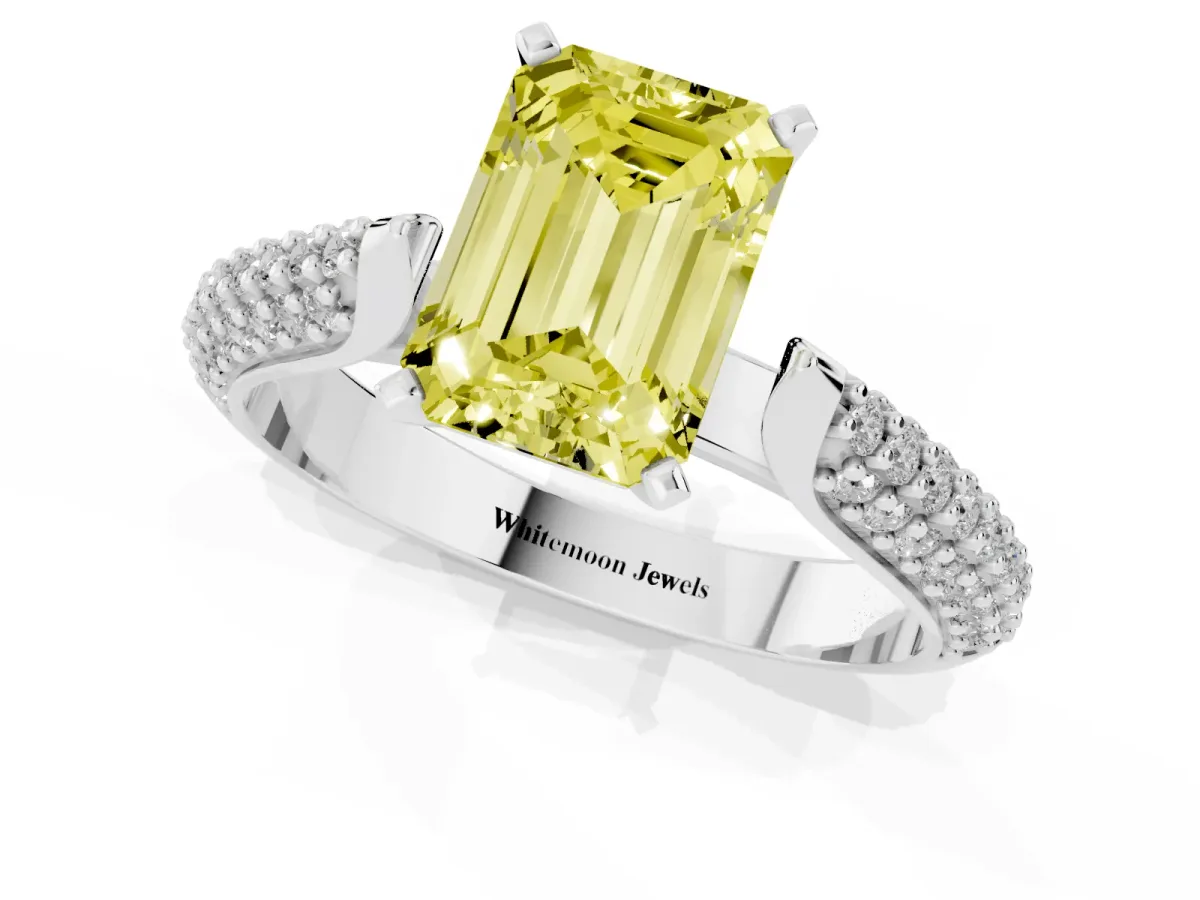 Fancy Yellow Emerald Cut Diamond Solitaire Engagement Ring with Multi-Row Round Pavé Band and Prong Setting Silver
