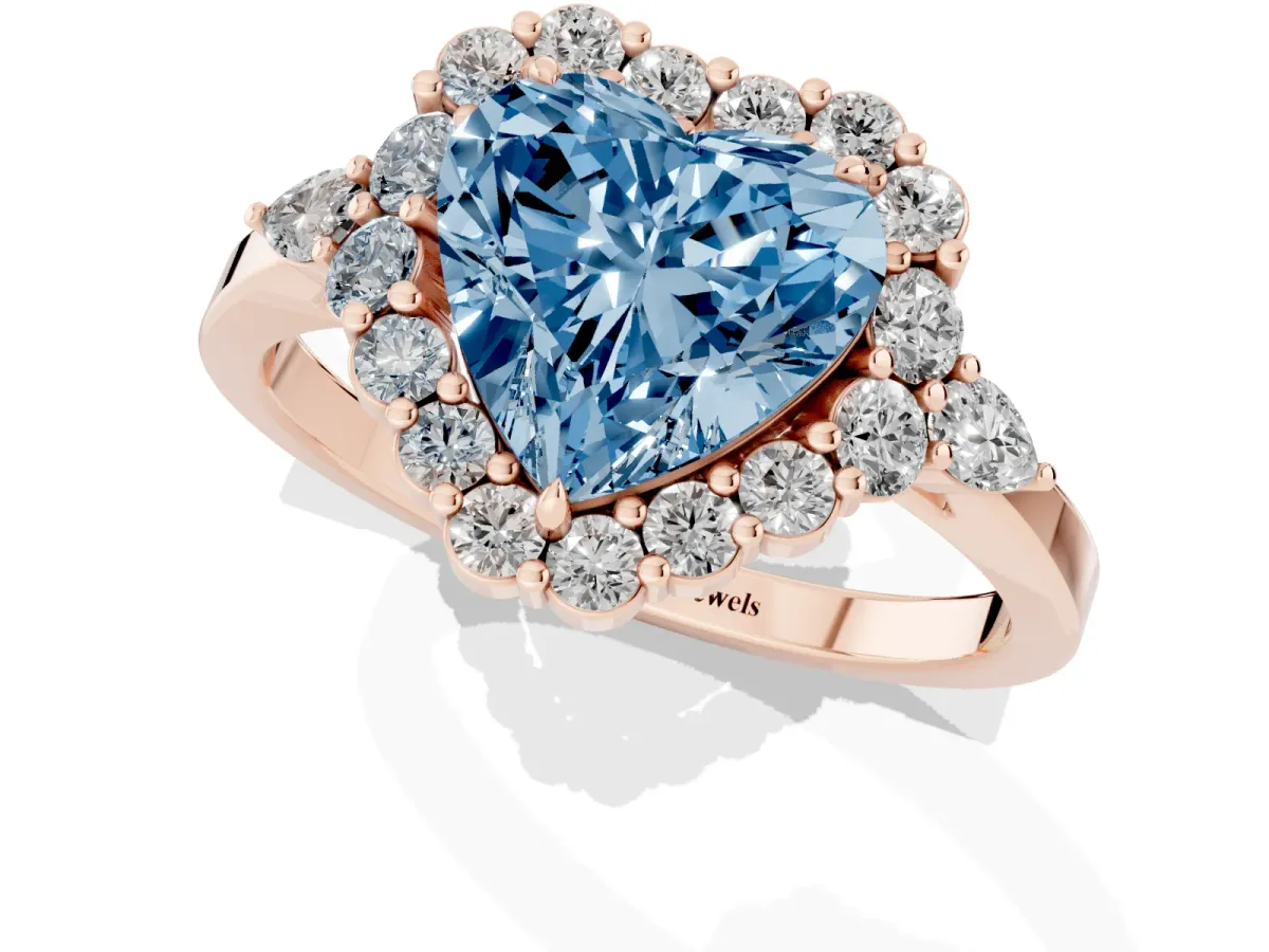 Fancy Blue Heart Cut Diamond Halo Ring with Pear Side Stones and Prong Setting Rose gold