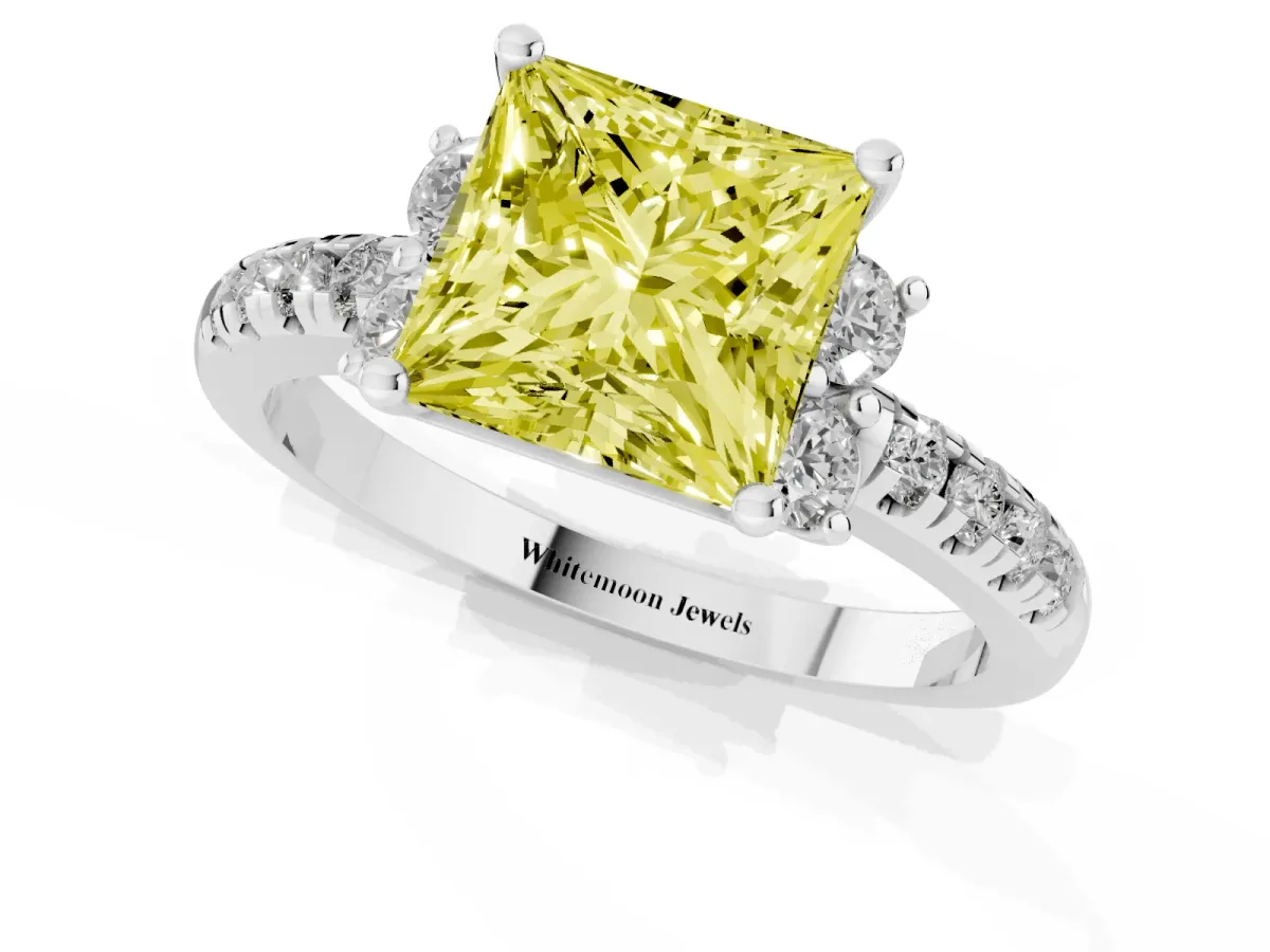 Fancy Yellow Princess Cut Diamond Three-Stone Pave Band with Four-Prong Setting Silver