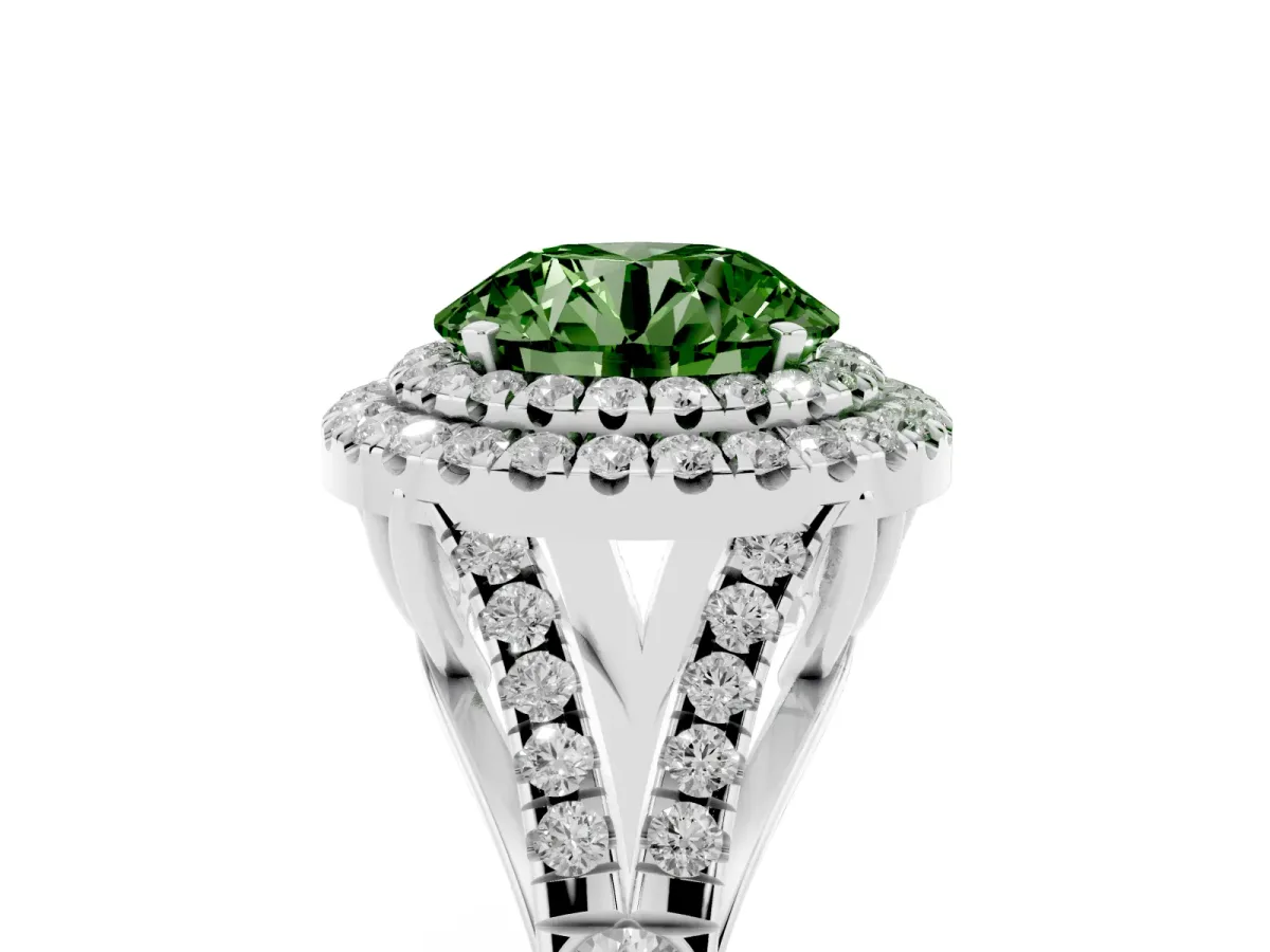 Fancy Green Double Halo Round Cut Diamond Split Shank Engagement Ring with Four-Prong Setting Platinum