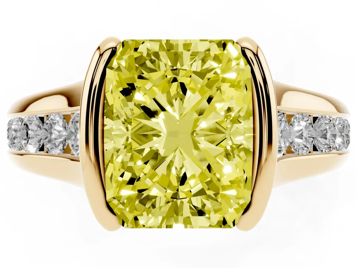Fancy Yellow Radiant Cut Solitaire Bezel-Set Diamond Ring with Channel-Set Band Yellow gold
