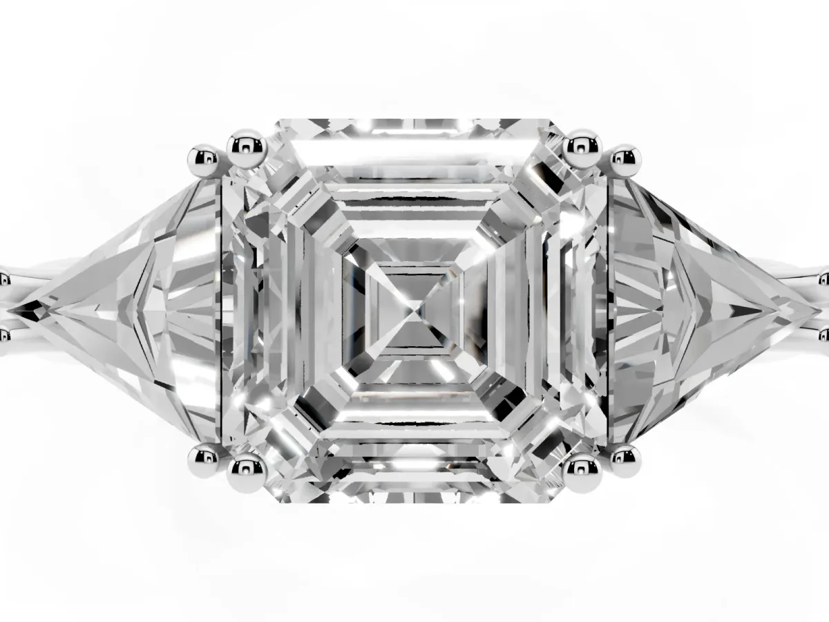 Three-Stone Asscher Cut Diamond Engagement Ring with Trillion Side Stones and Prong Setting Silver