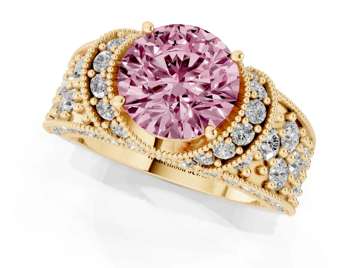 Fancy Pink Round Cut Halo Pave Diamond Engagement Ring with Milgrain Detailing Yellow gold