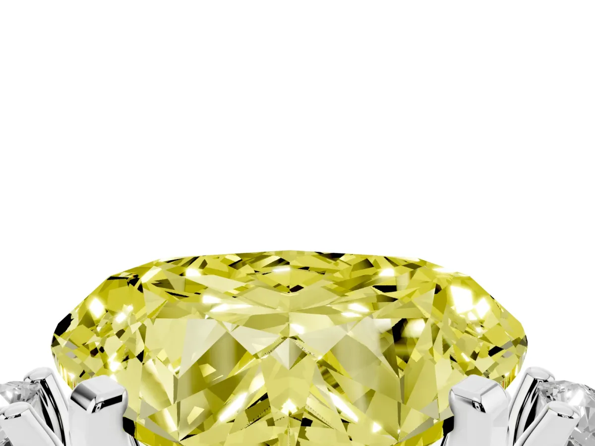 Fancy Yellow Heart Cut Cut Three-Stone Solitaire Ring with Round Accent Diamonds and Four-Prong Setting Silver