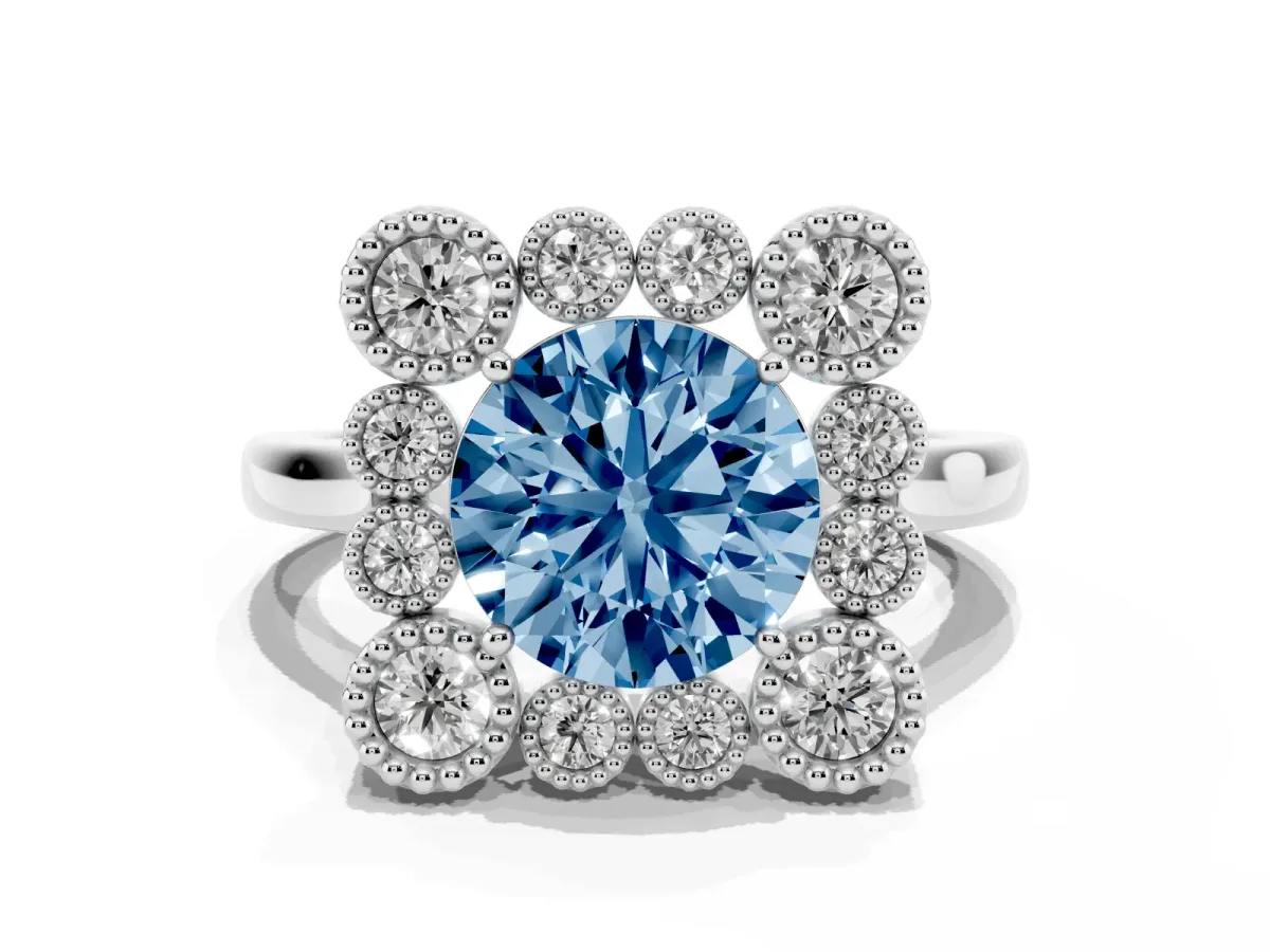 Fancy Blue Round Cut Halo Diamond Cluster Engagement Ring with Milgrain Bezel Setting and Solitaire Band Platinum