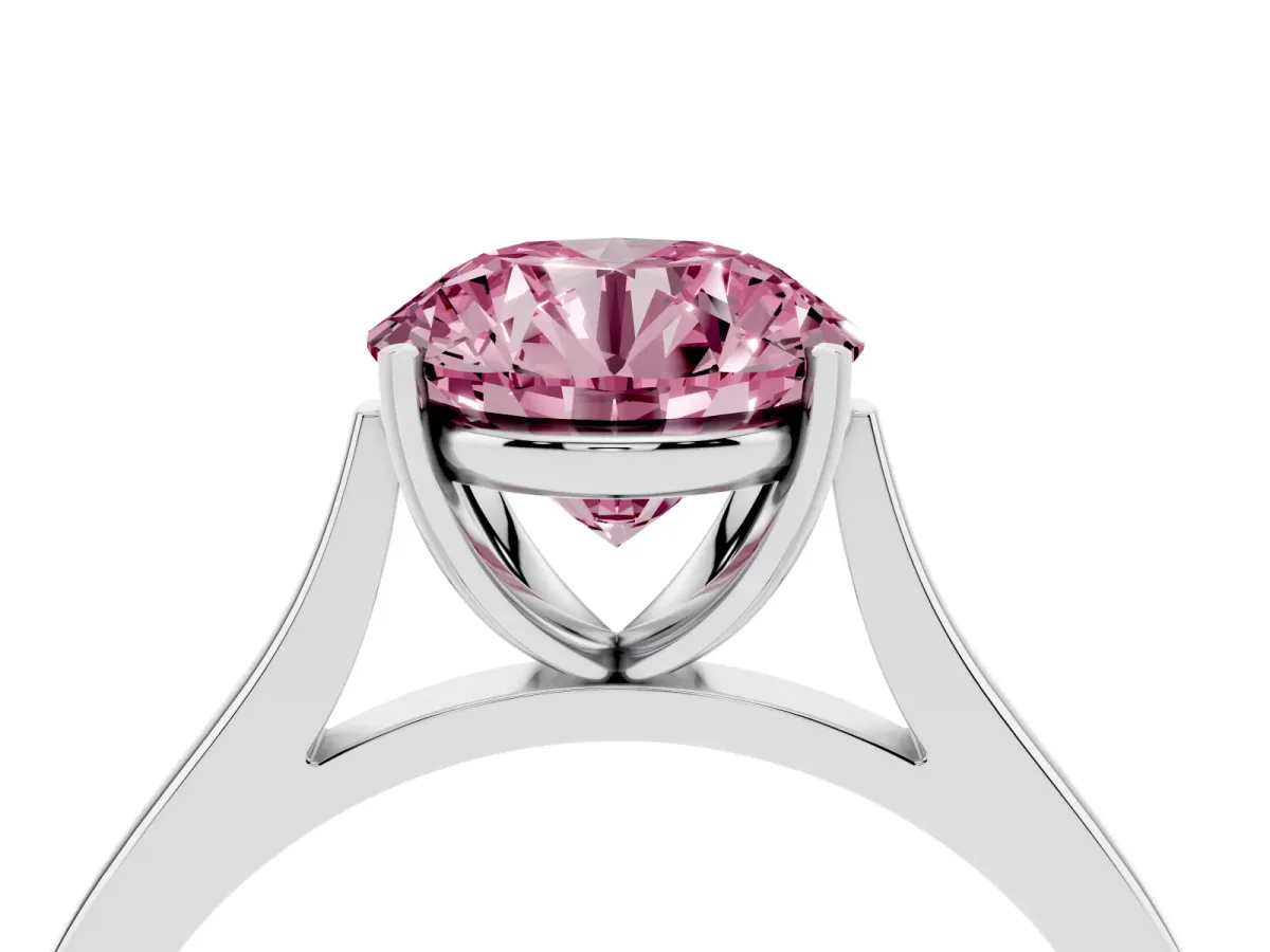 Fancy Pink Round Cut Solitaire Heart Prong Engagement Ring with Tapered Band White gold