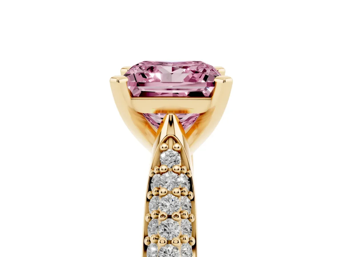 Fancy Pink Princess Cut Diamond Solitaire Engagement Ring with Multi-Row Round Pavé Band and Prong Setting Yellow gold